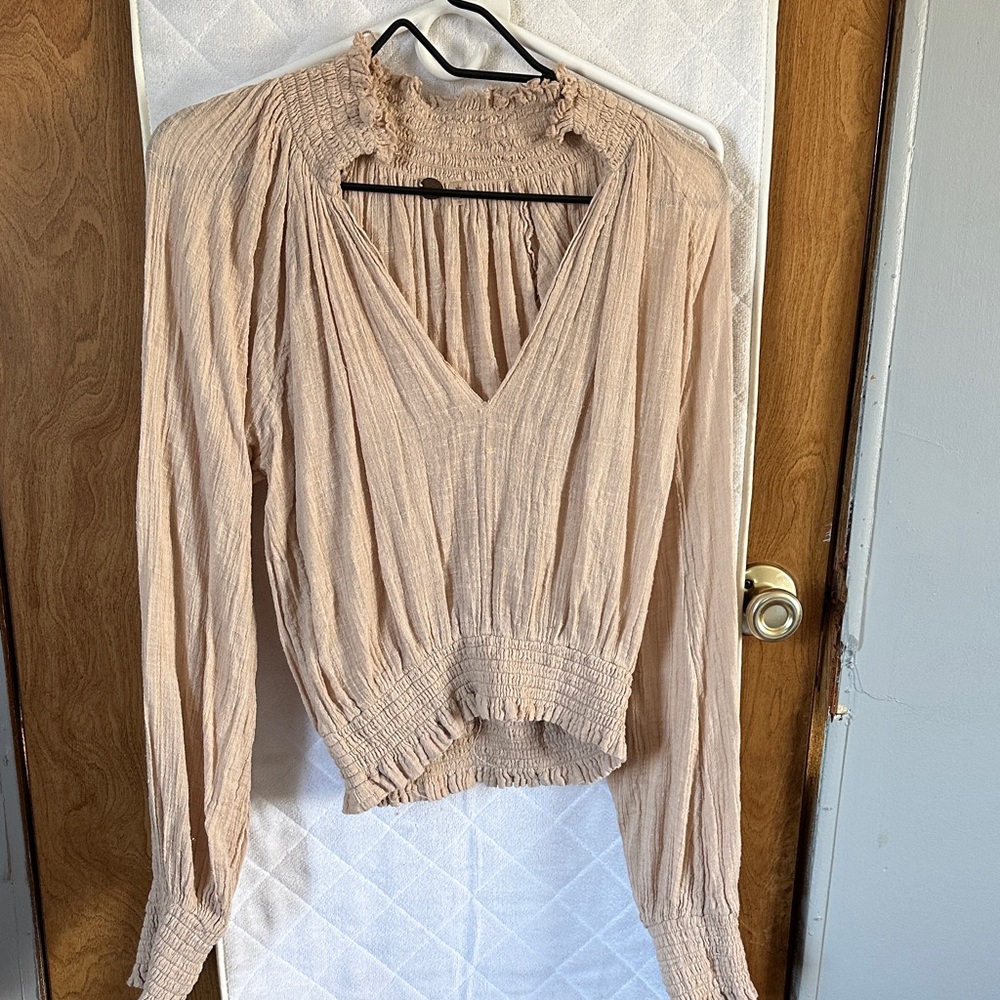 Free People Cream Blouse with Ruffled Neckline